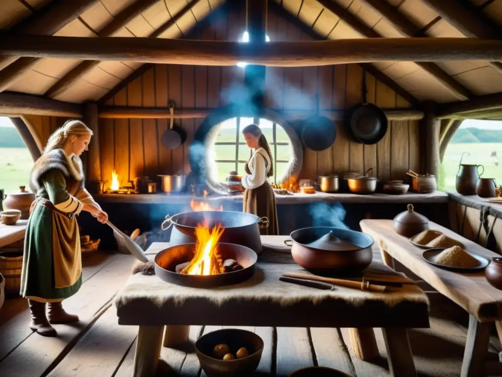 Cocina vikinga ancestral con mujeres preparando Recetas vikingas deliciosas