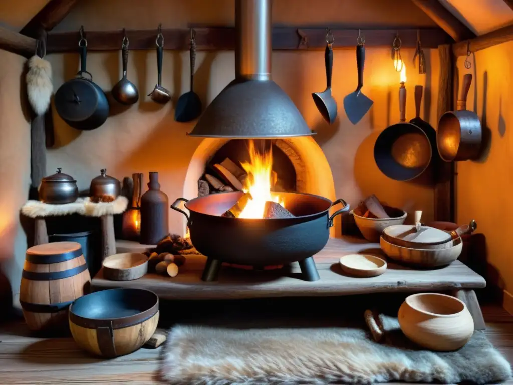 Una cocina vikinga detallada con utensilios auténticos como ollas de hierro y cuencos de madera, con una fogata y ambiente rústico