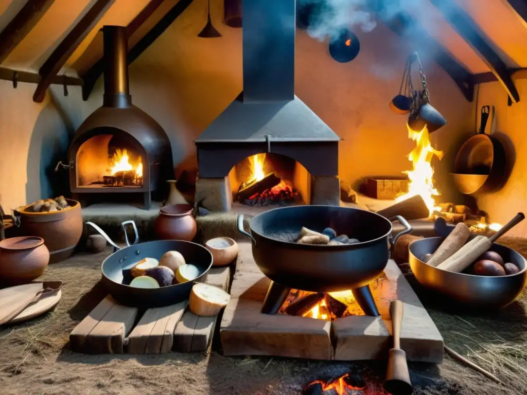 Cocina vikinga con guerreros preparando una comida, utensilios de cocina y fuego, reflejando la alimentación en la era vikinga