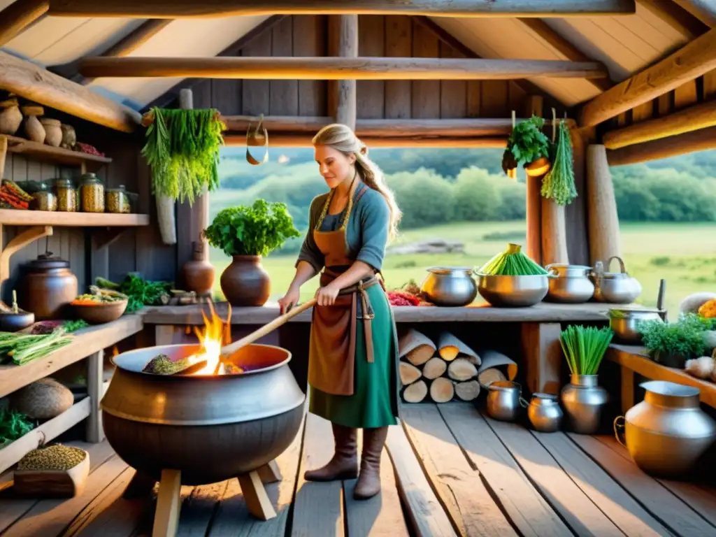 Cocina vikinga con hierbas medicinales y alimentos en ambiente acogedor