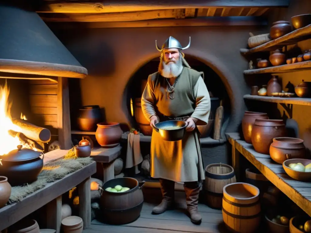 Una cocina vikinga llena de alimentos fermentados, con vikingos preparando sus tradiciones culinarias