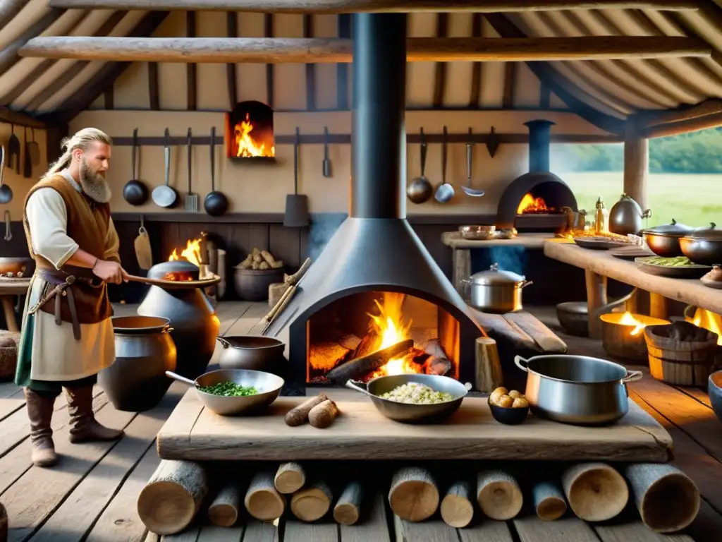 Una cocina vikinga llena de utensilios y cocineros preparando platos tradicionales