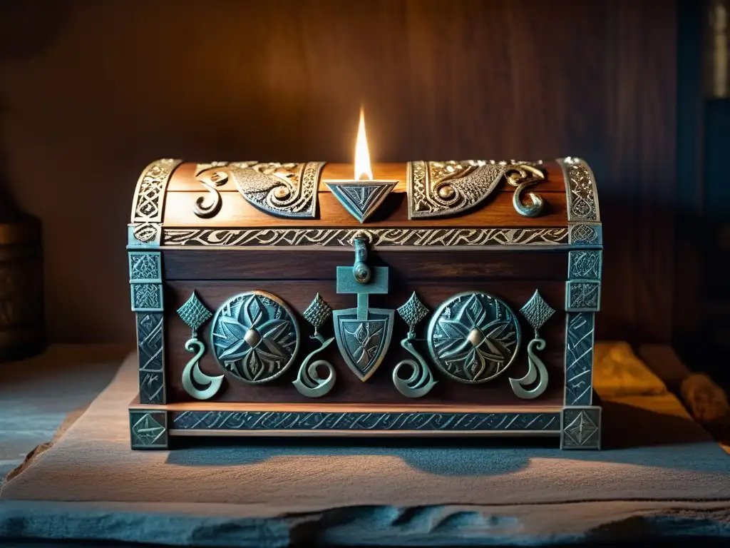 Cofre tallado con símbolos nórdicos, joyas vikingas brillantes reveladas, ambiente misterioso