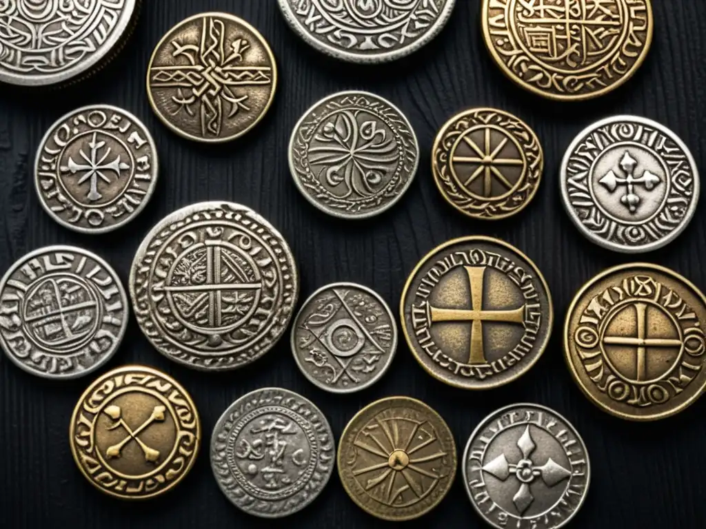 Una colección de monedas vikingas antiguas con grabados detallados en una superficie envejecida, evocando historia y riqueza vikinga