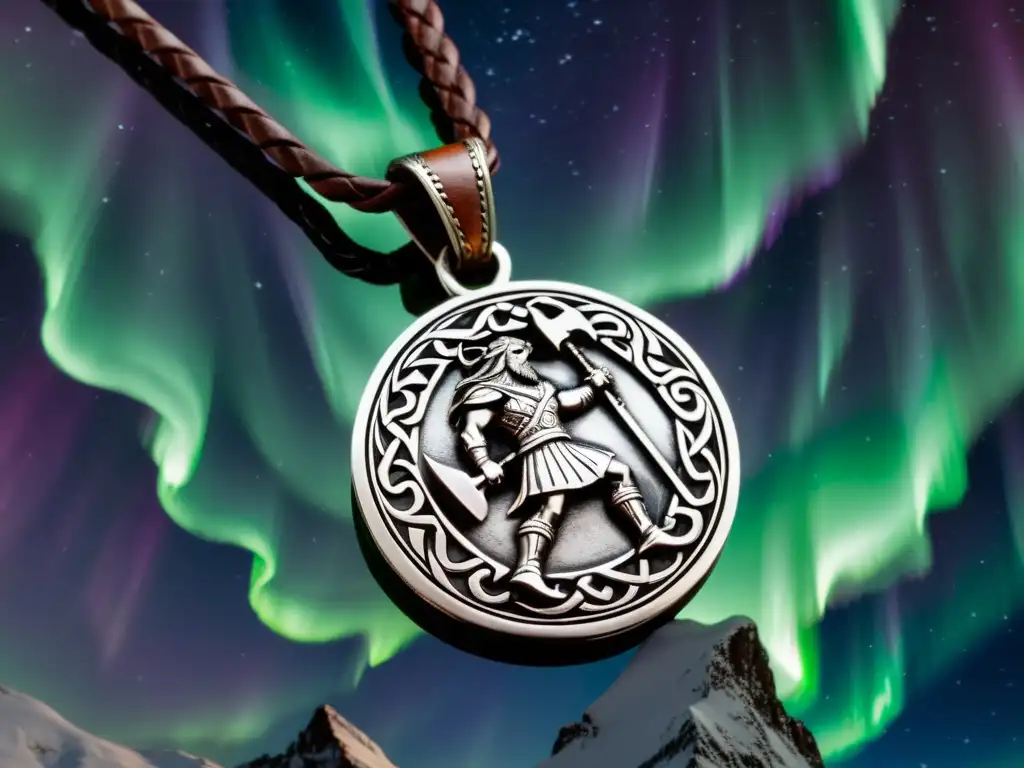 Colgante de Thor en plata con rayos y nudos, joyas vikingas con símbolos mitológicos en montañas nórdicas y auroras boreales