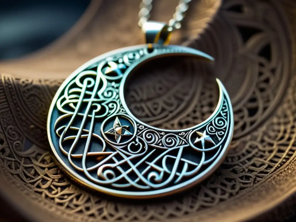 Un colgante vikingo en forma de luna creciente, con intrincados detalles y símbolos que brillan, reflejando la influencia de la Luna en la Joyería Vikinga