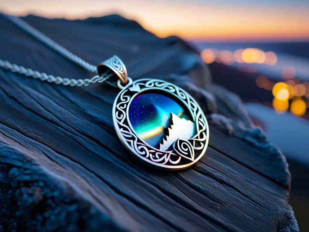 Collar vikingo con aurora boreal en paisaje nórdico al atardecer