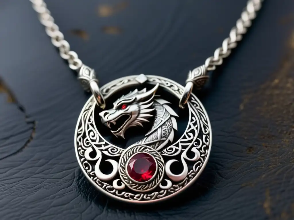 Collar vikingo de plata con dragones entrelazados y serpientes con ojos de rubí, en fondo oscuro resaltando detalles