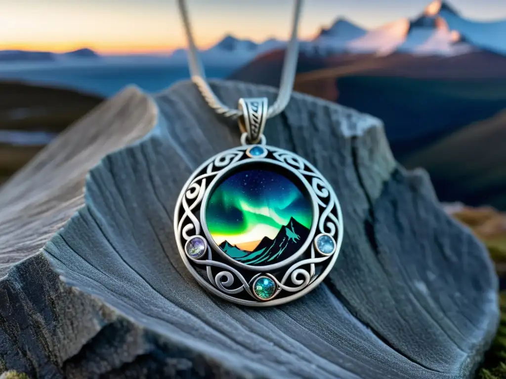 Collar vikingo plateado con gemas brillantes, inspirado en auroras boreales