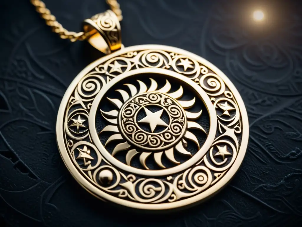 Collar vikingo con símbolos celestiales: sol, luna y estrellas, destacando la astrología en la joyería vikinga