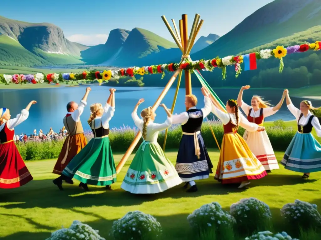 Coloridas festividades solsticio tradición nórdica: personas bailando alrededor de un poste de mayo en prado verde y cielo soleado