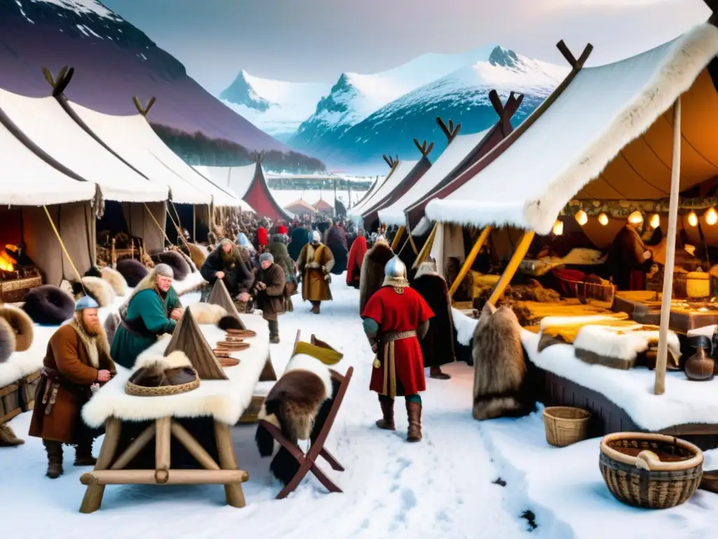 Colorido mercado vikingo con comercio de pieles en Europa, envuelto en tradición nórdica y luces del norte