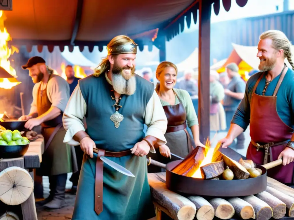 Colorido mercado vikingo con puestos de madera tallada, carnes, panes, frutas, mercaderes barbudos y un herrero forjando