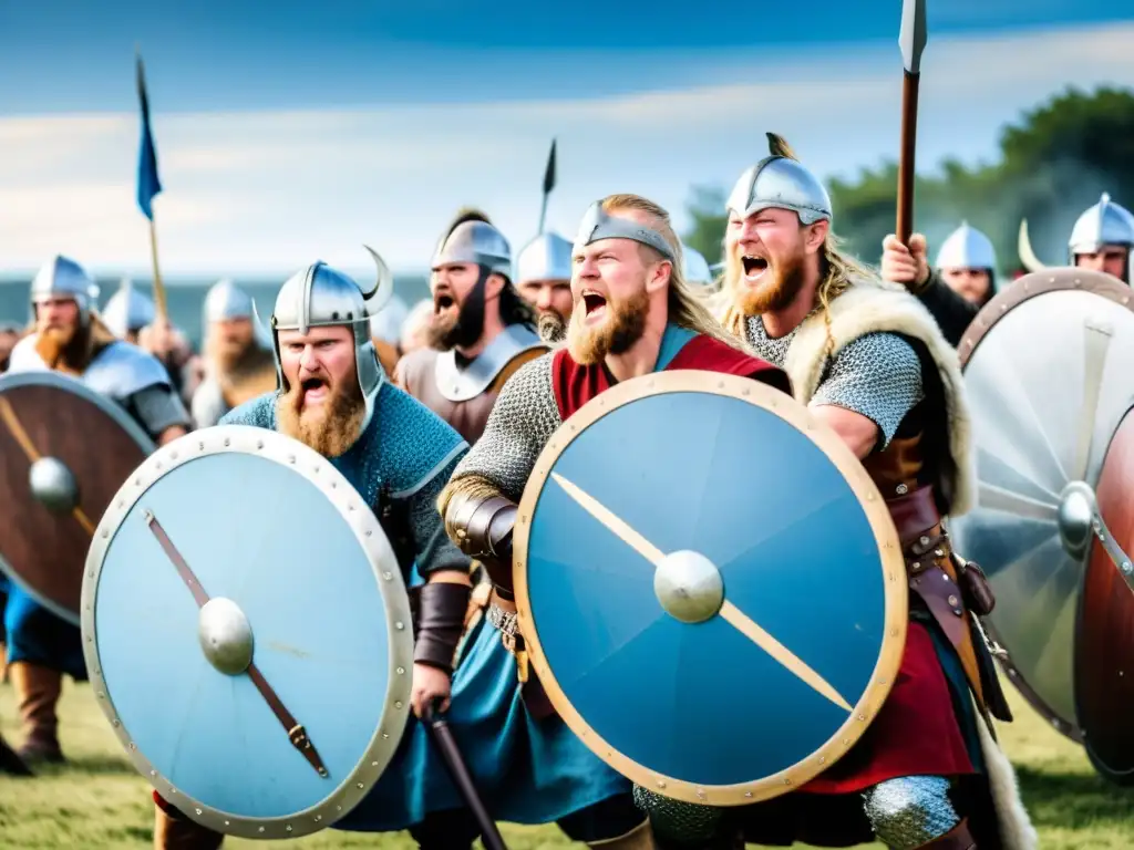 Combates vikingos en festivales: Reenactores vikingos luchando con espadas y escudos, bajo un cielo azul, rodeados de espectadores entusiastas