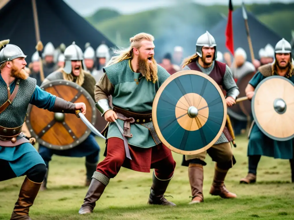 Combates vikingos en festivales: Reenactores en acción, demostrando ferocidad y habilidad con vestimenta y armas tradicionales