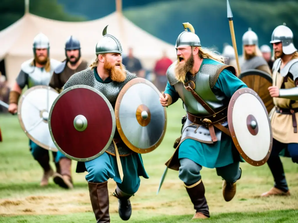 Combates vikingos en festivales: Reenactores con armaduras detalladas y armas auténticas en una intensa demostración de combate en un festival vikingo