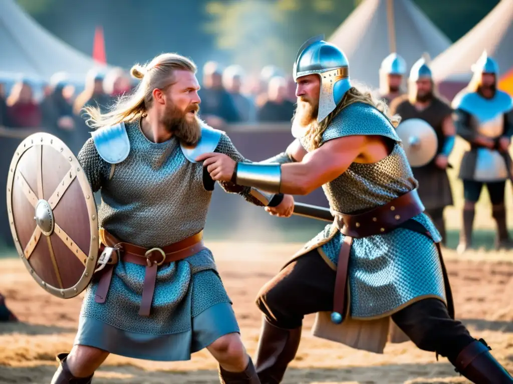 Combates vikingos en festivales: Vikingos en combate con intensidad y destreza, entre espectadores y tiendas al viento