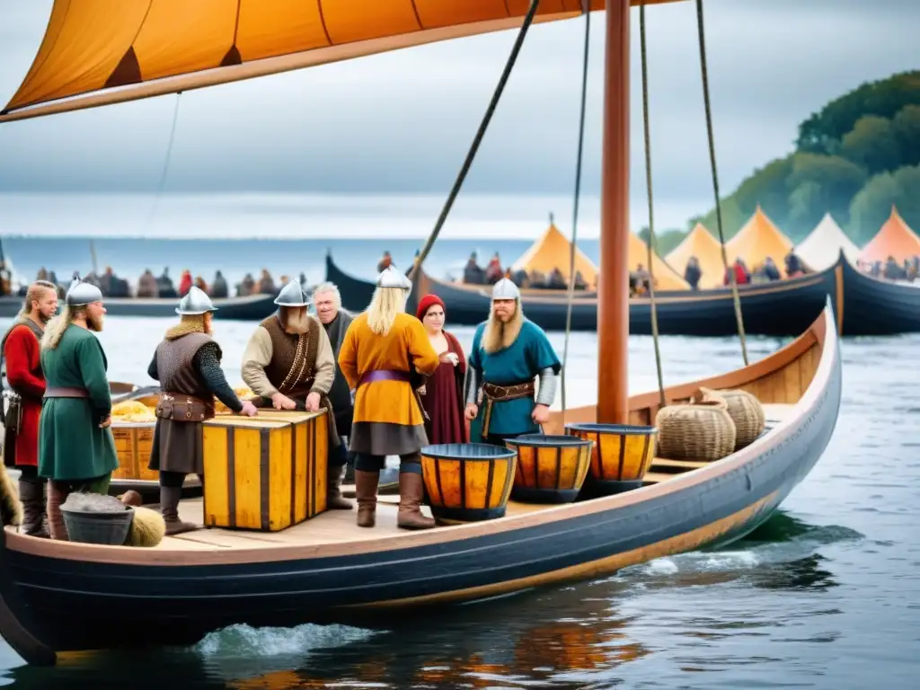 Comercio vikingo del ámbar en el Mar Báltico: Vikingos descargando ámbar en bullicioso puerto