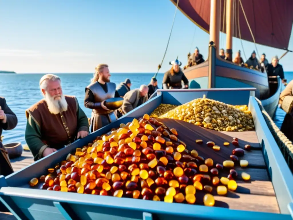 Comercio vikingo del ámbar en el Mar Báltico: Vikingos descargando ámbar dorado en un bullicioso puerto costero