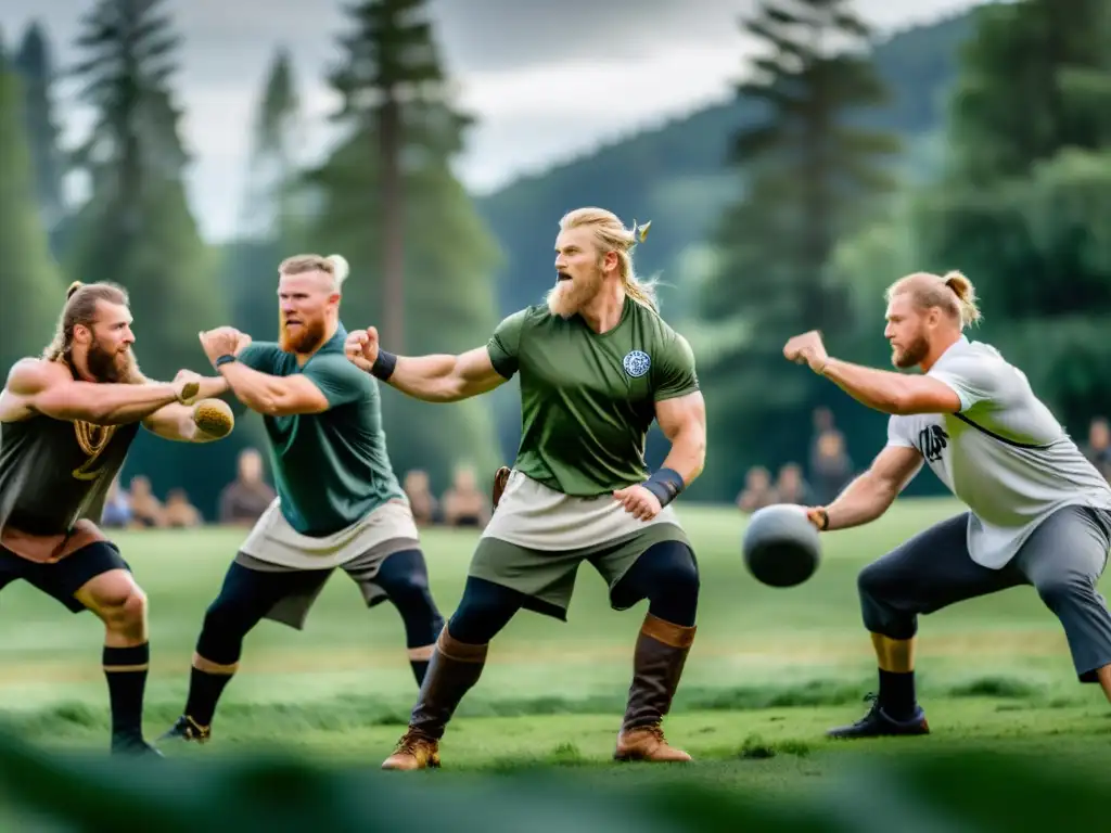 Competencia de lanzamiento de troncos vikingos en campo verde con atletas modernos