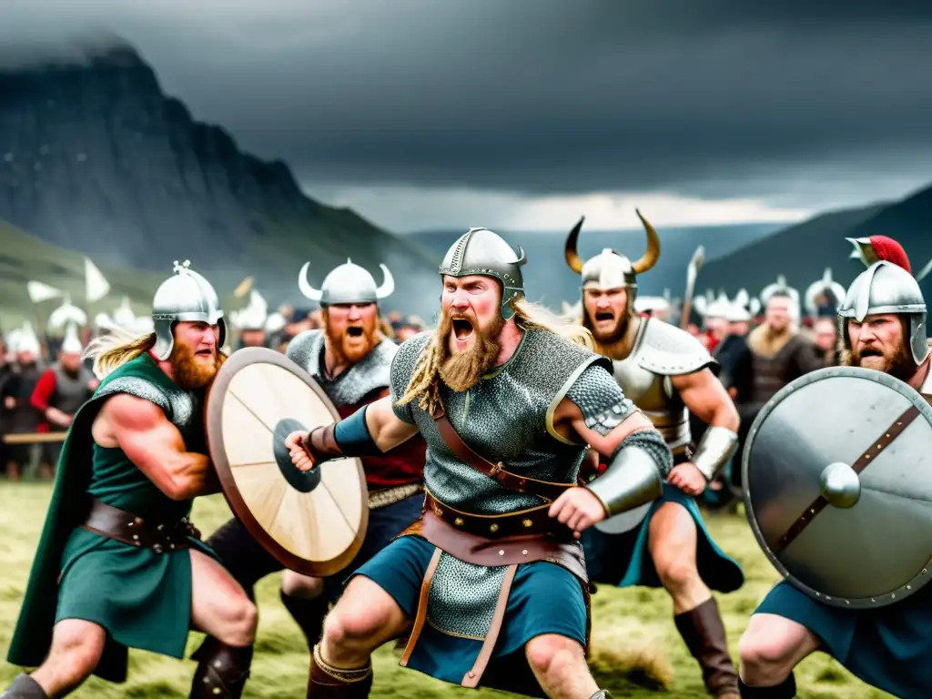 Competiciones vikingas de habilidad y fuerza: Guerreros en feroz batalla de tira y afloja, rodeados de multitudes y paisajes dramáticos