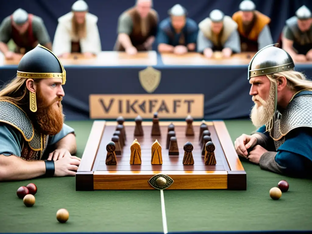 Dos competidores en un tenso juego de Campeonato Hnefatafl Vikingo, rodeados de una multitud concentrada en la estrategia