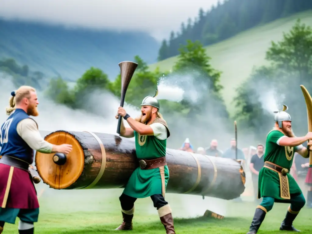 Competidores vikingos lanzan troncos en competición tradicional en un valle verde mientras espectadores aplauden