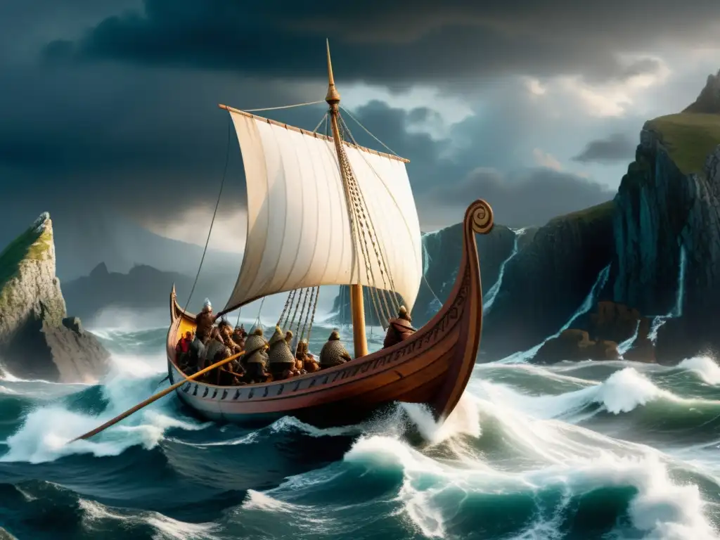 Composiciones épicas vikingas para orquestas: un barco vikingo surcando mares tormentosos con guerreros y acantilados en la distancia