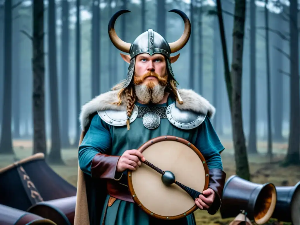 Un compositor contemporáneo fusiona la música vikinga con su partitura en un bosque nórdico al atardecer