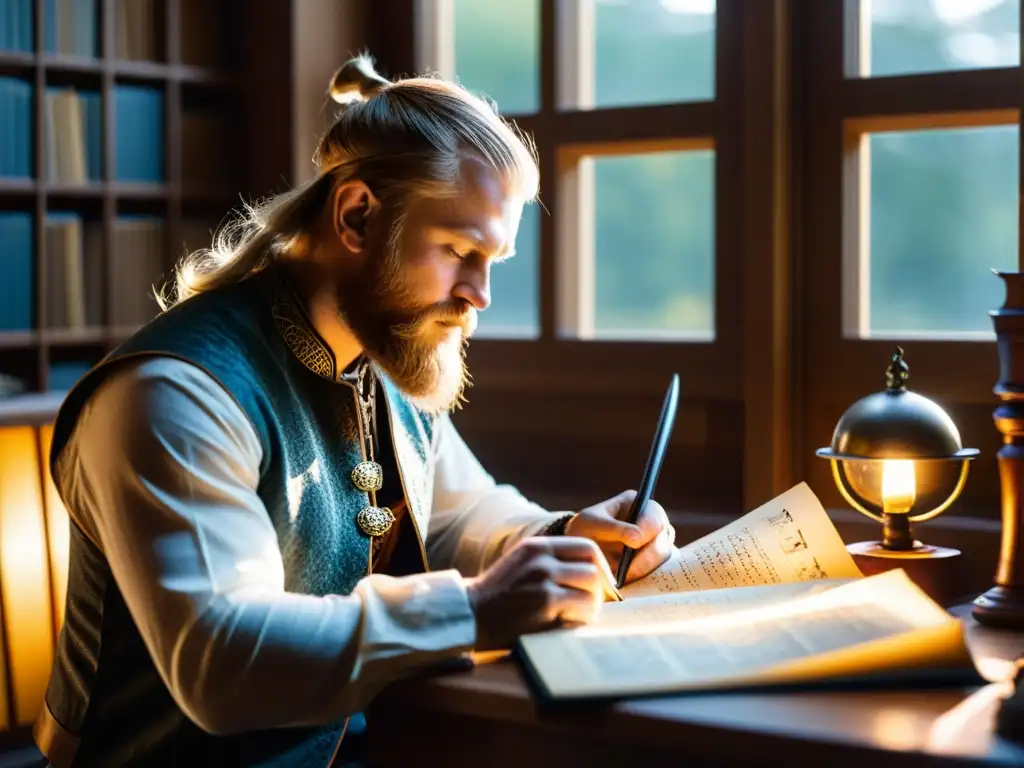 Compositor inmerso en la creación de la banda sonora de cine vikingo, rodeado de instrumentos y artefactos históricos