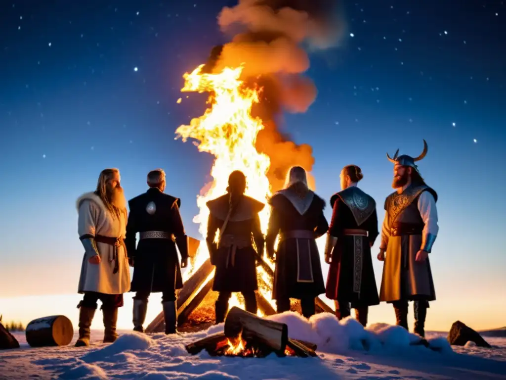 Una comunidad creciente de neopaganos nórdicos en ceremonia alrededor de una fogata, bajo un cielo estrellado en un bosque nórdico