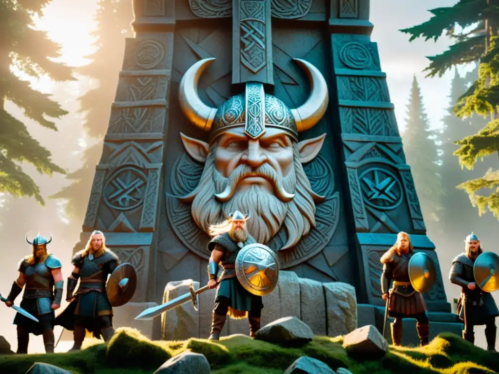 Guardianes vikingos: épica en Tamriel Una comunidad vikinga en Tamriel: guerreros con armaduras y hachas, ante un monumento de runas nórdicas, en un bosque neblinoso iluminado por rayos de sol