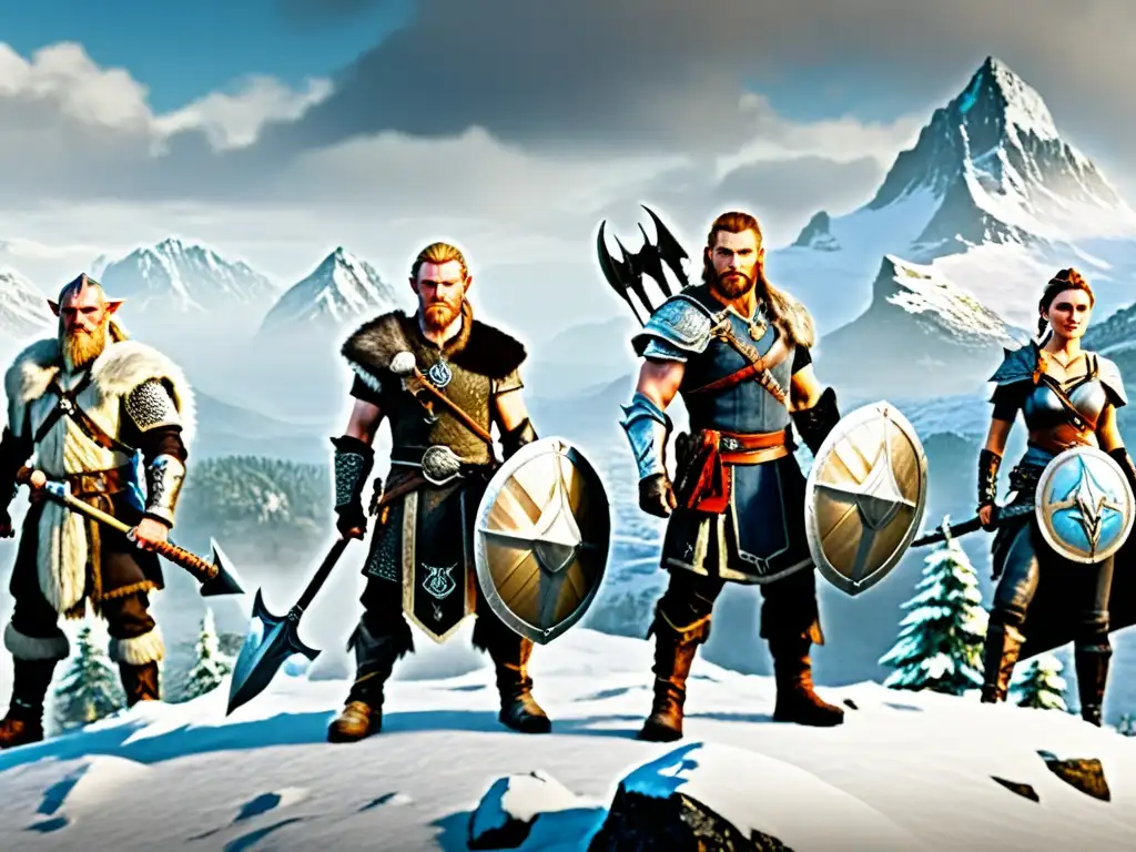 Épica banda vikinga en Tamriel: aventura gélida Una comunidad vikinga en Tamriel, guerreros triunfantes en la cumbre nevada, listos para la aventura épica