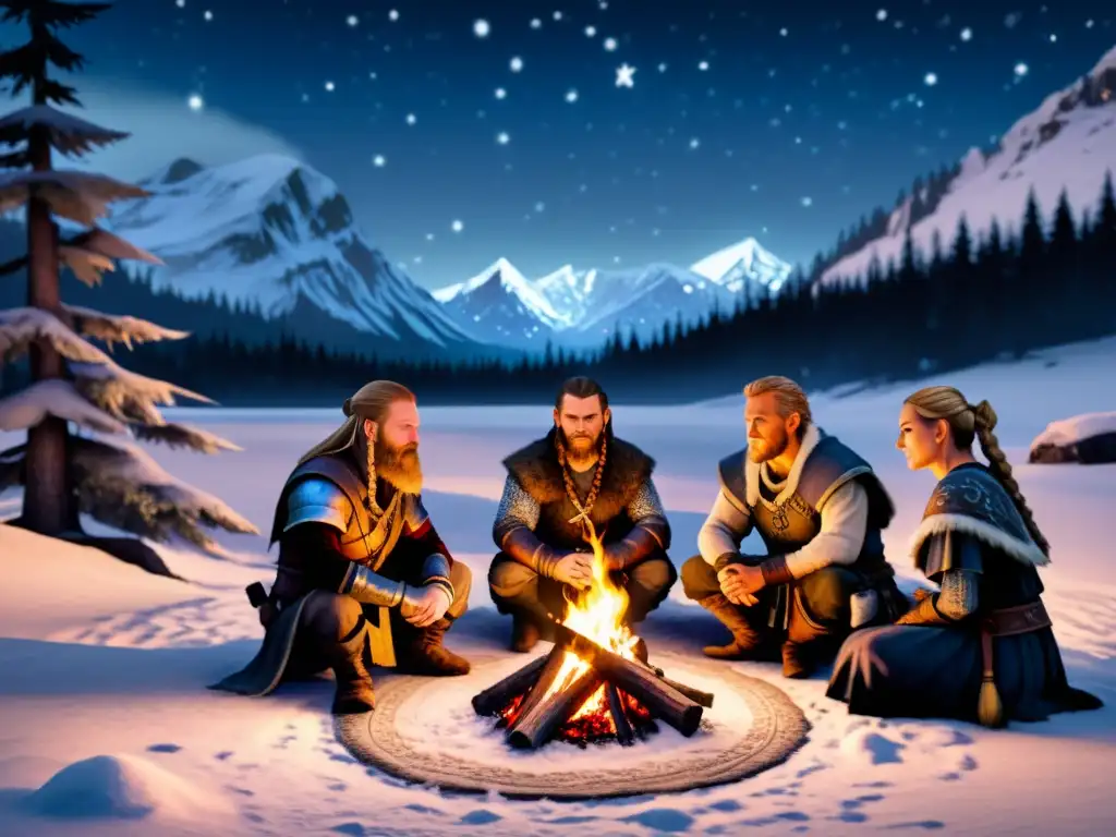 Vikingos en la noche estrellada de Tamriel Comunidad vikinga en Tamriel reunida alrededor de una fogata en la salvaje y nevada naturaleza, con vestimenta nórdica y expresiones fieras