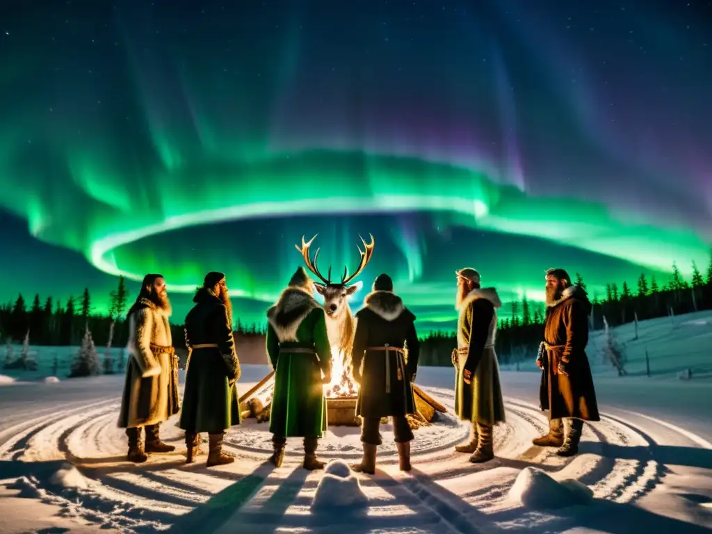 Comunidades neopaganas nórdicas en la actualidad reunidas bajo la aurora boreal en un bosque escandinavo