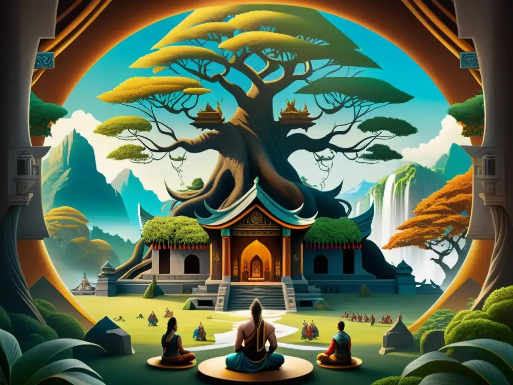Comparación concepto Valhalla Nirvana: paisaje místico con guerreros vikingos y figuras meditando bajo un árbol Bodhi