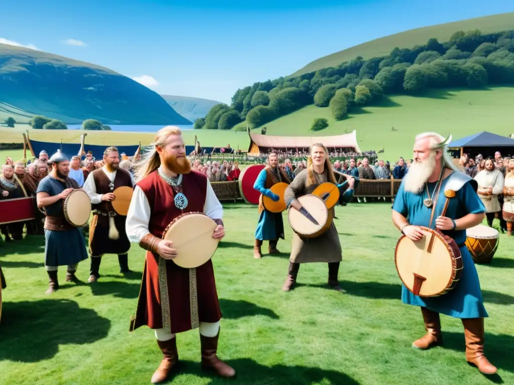 Concierto vikingo al aire libre: músicos y espectadores vestidos al estilo vikingo, preservando la cultura vikinga a través de la música