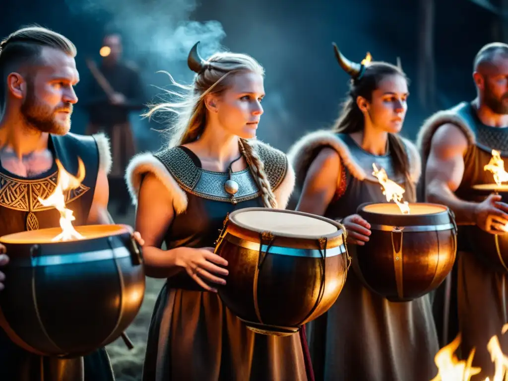 Conciertos vikingos para revivir sonoridad: músicos tocando instrumentos antiguos en una atmósfera cálida y envolvente