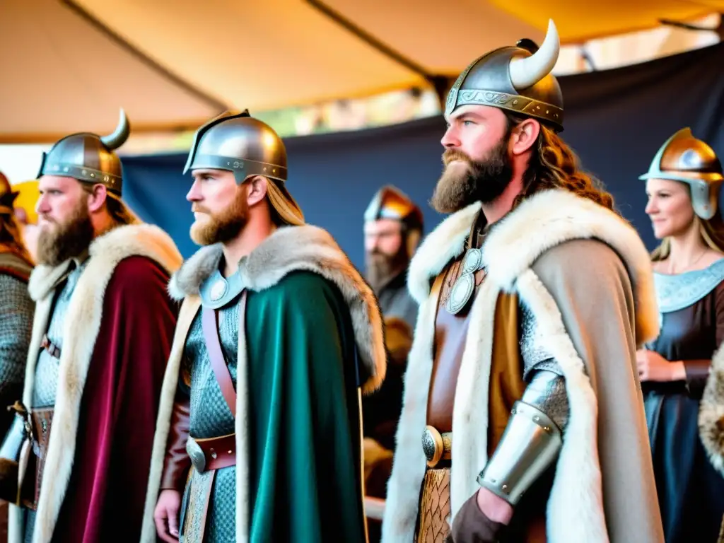 Concursos de vestuario vikingo en festivales: Participantes lucen atuendos vikingos detallados en escenario festivo