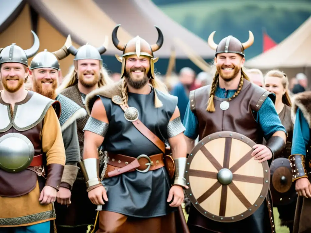 Concursos de vestuario vikingo en festivales: Participantes entusiastas lucen atuendos detallados y dramáticos en una escena festiva