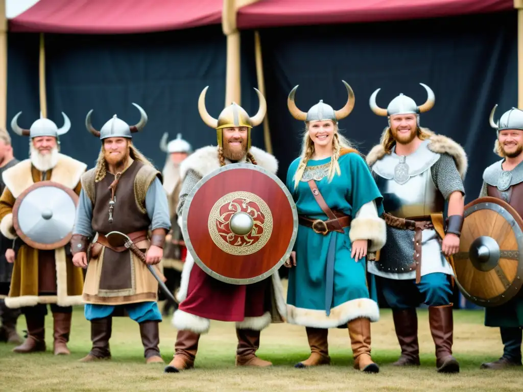 Concursos de vestuario vikingo en festivales: Grupo de vikingos en un concurso de disfraces en un bullicioso festival medieval