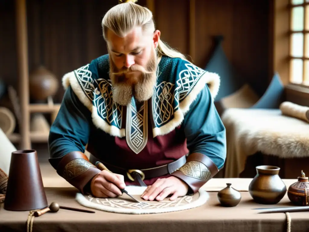 Confección del atuendo vikingo paso a paso: Reenactor vikingo detallando túnica rodeado de herramientas, telas y bordados