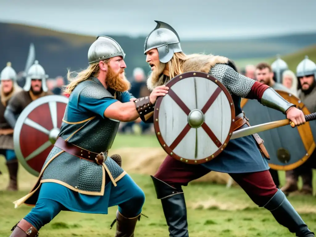 Confrontación vikingos sajones convivencia: Vikingo y sajón en combate rodeados de espectadores, fusionando elementos culturales