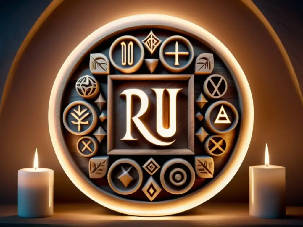 Conjunto de runas de madera talladas con símbolos ancestrales de sanación, iluminadas por velas Conjunto de runas de madera talladas con símbolos antiguos para ritos de sanación, iluminadas por velas