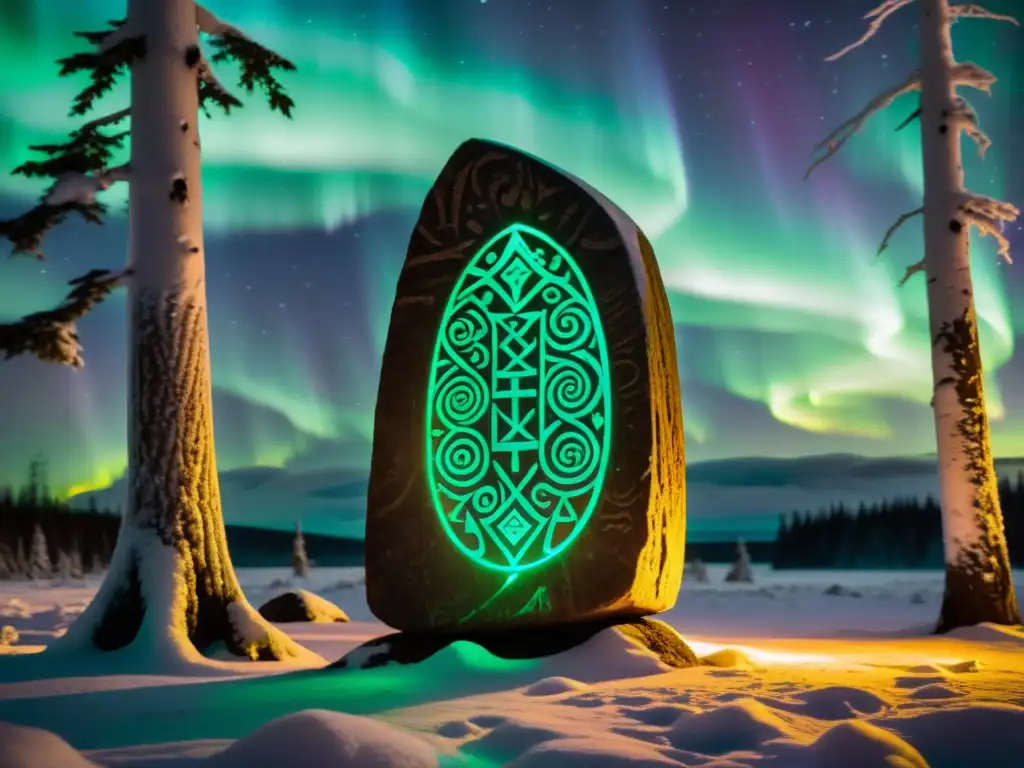 Conjuro ancestral: runas vikingas iluminadas por auroras, en bosque místico