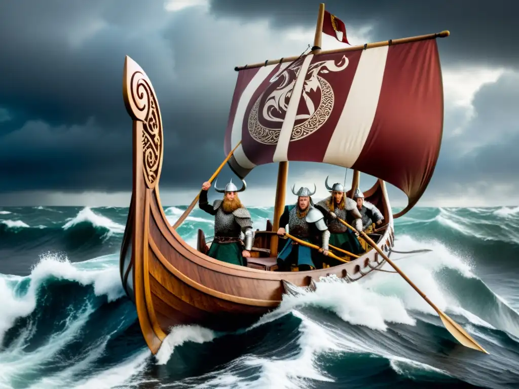 Conquista del Atlántico vikinga: Vikingos navegando en un drakkar por aguas turbulentas con cielo tormentoso