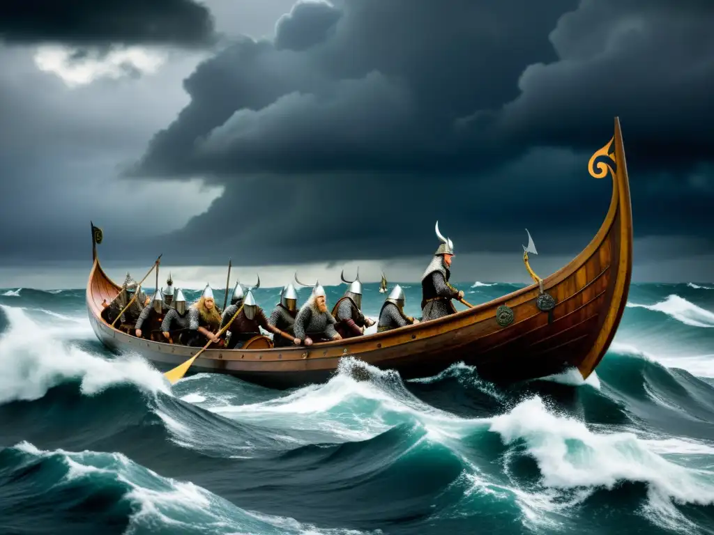 Conquista del Atlántico vikinga: Vikingos en sus drakkars surcan un mar tormentoso con nubes oscuras y olas bravas