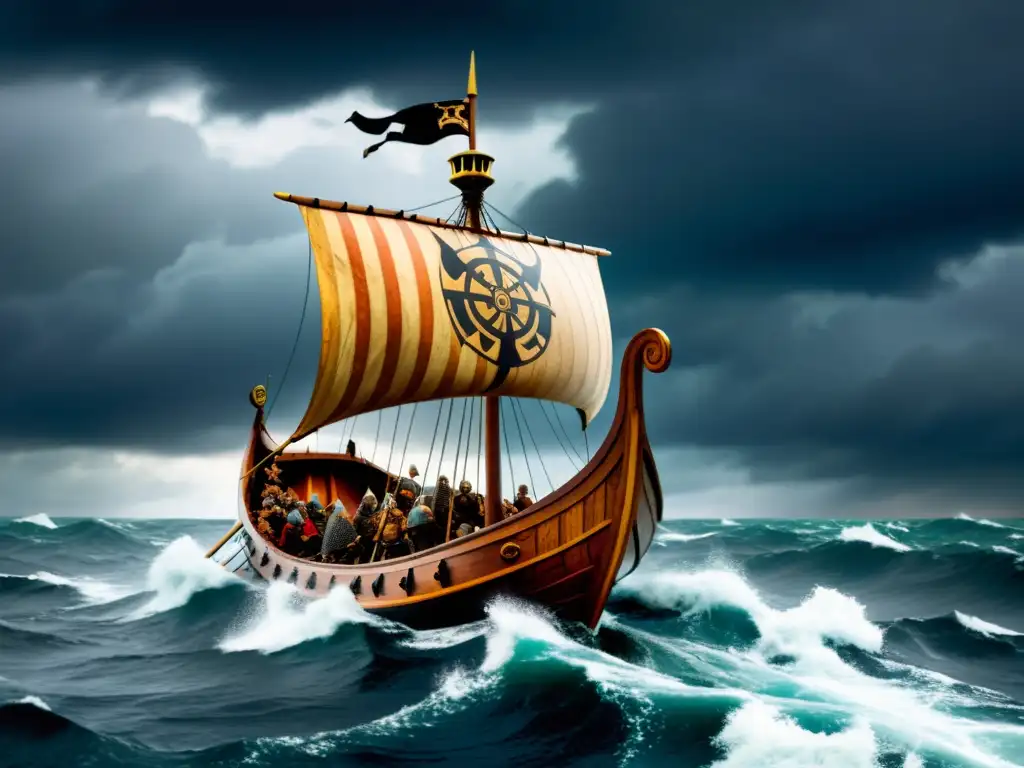 Conquista del Atlántico vikinga: Vikingos navegando en un drakkar por mares tormentosos