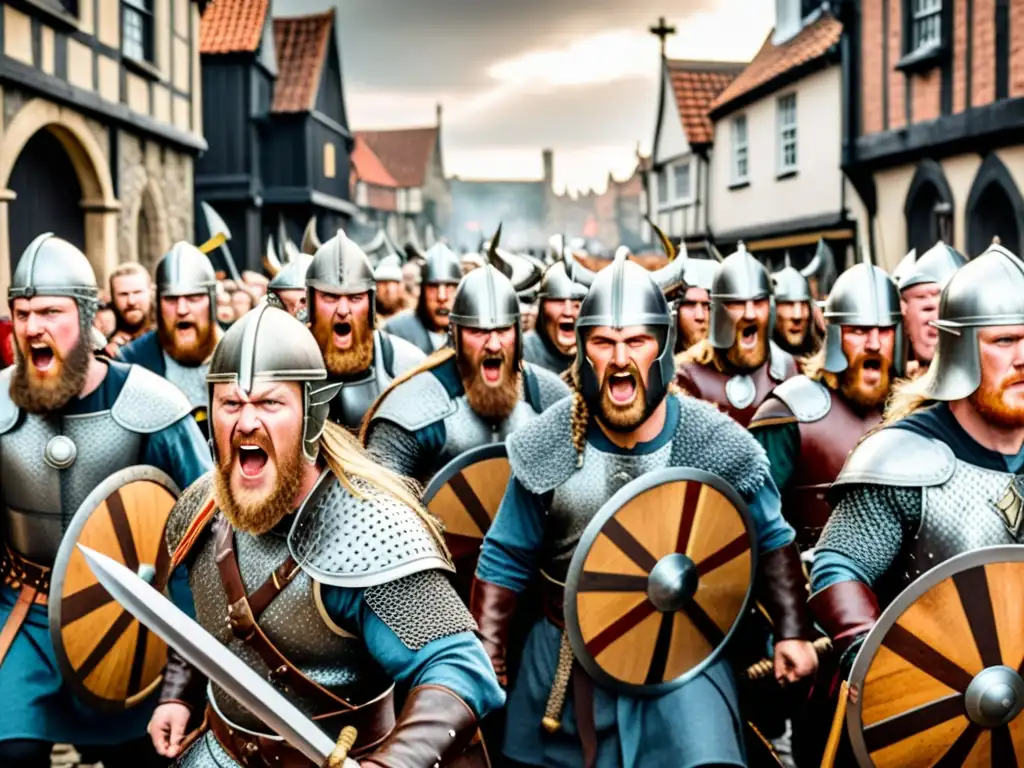 Conquista vikinga de York: Ilustración detallada y realista de guerreros vikingos asaltando la ciudad con armaduras y armas, en un escenario medieval