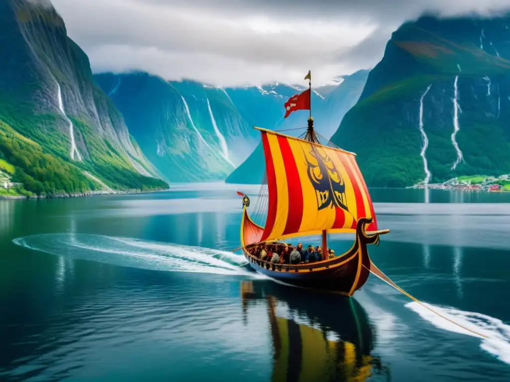 Conquista vikinga en Europa: Un espectacular barco vikingo surca los fiordos noruegos entre niebla, montañas nevadas y cielo tormentoso